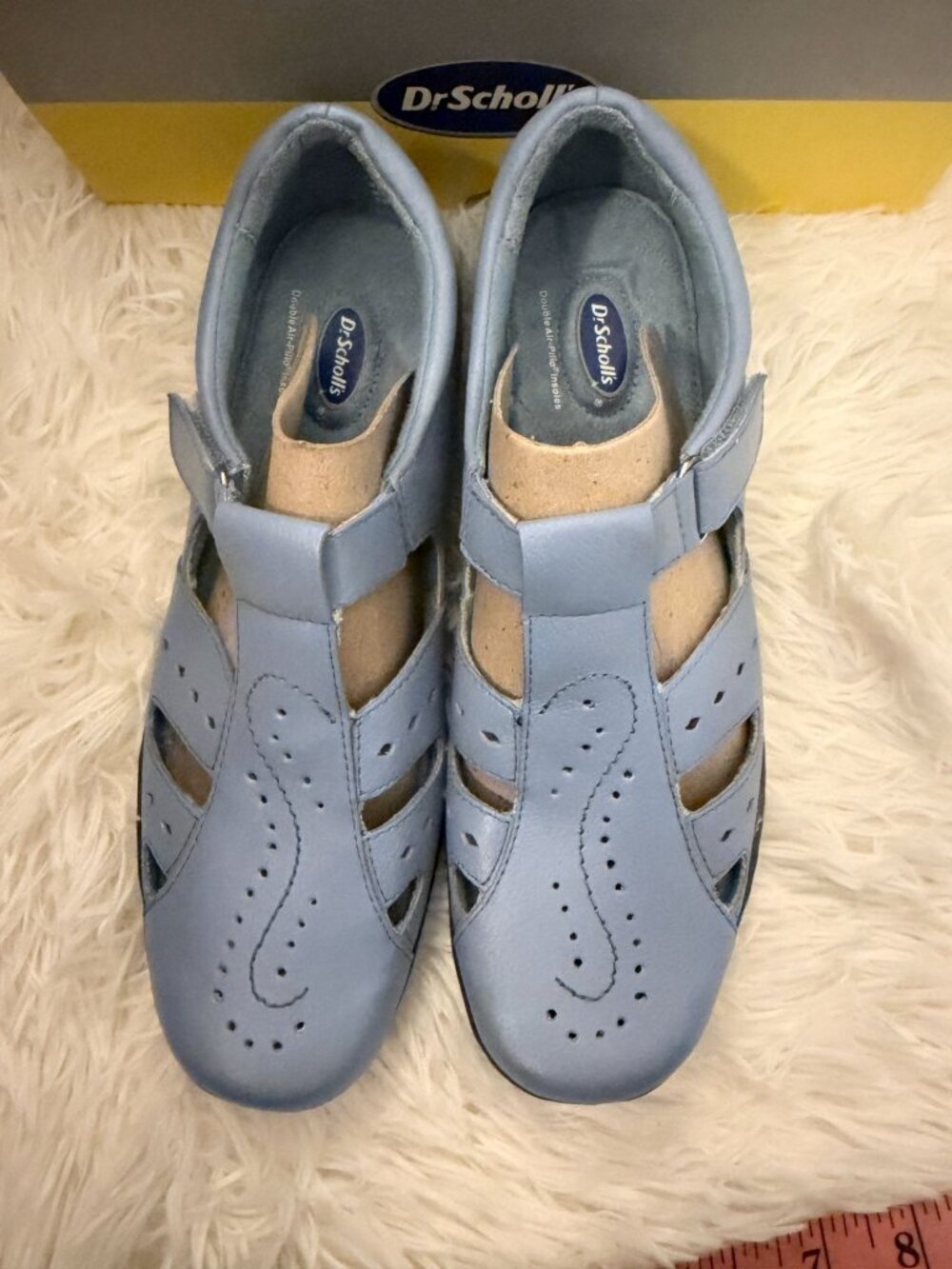 NIB Dr. Scholl's Blue Leather Open Strap Shoes Flats Womens Size 8 1/2 M - Picture 2 of 8